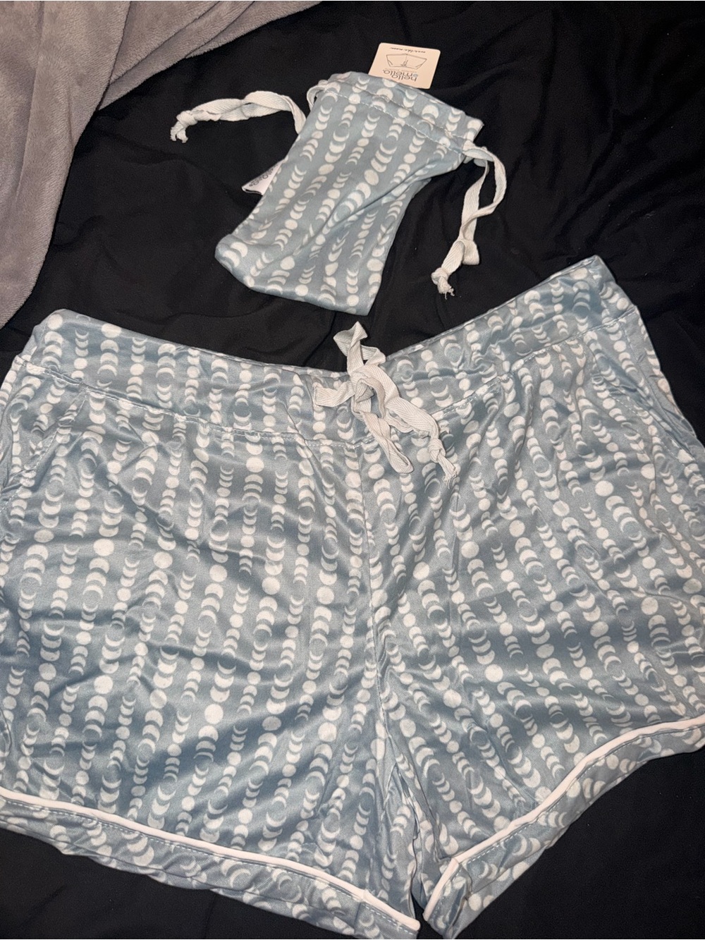Hello Mello Sky Blue Lunar shorts and drawstring bag